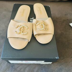 CHANEL Tan Slide Sandals with Gold Accents
